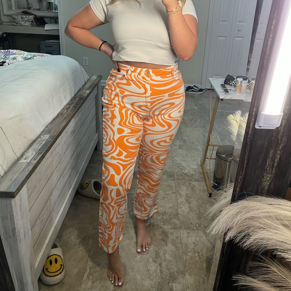 High-Waist Orange Swirl Print Women’s Jeans
